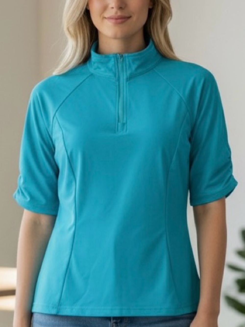Tzu Tzu Turquoise Half-Zip Short Sleeve Top